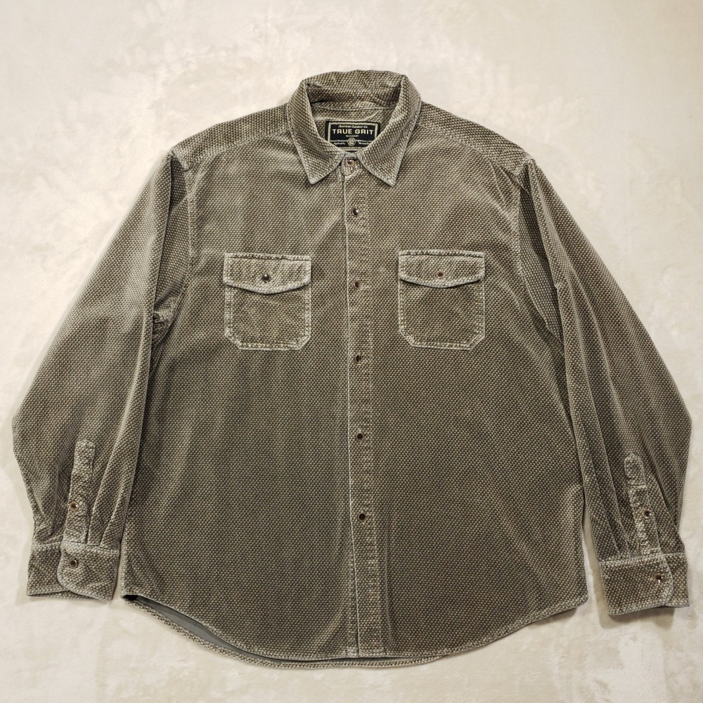 True Grit Pearl Snap Shirt Men XL Greenish Gray Textured Long Sleeve Heavyweight